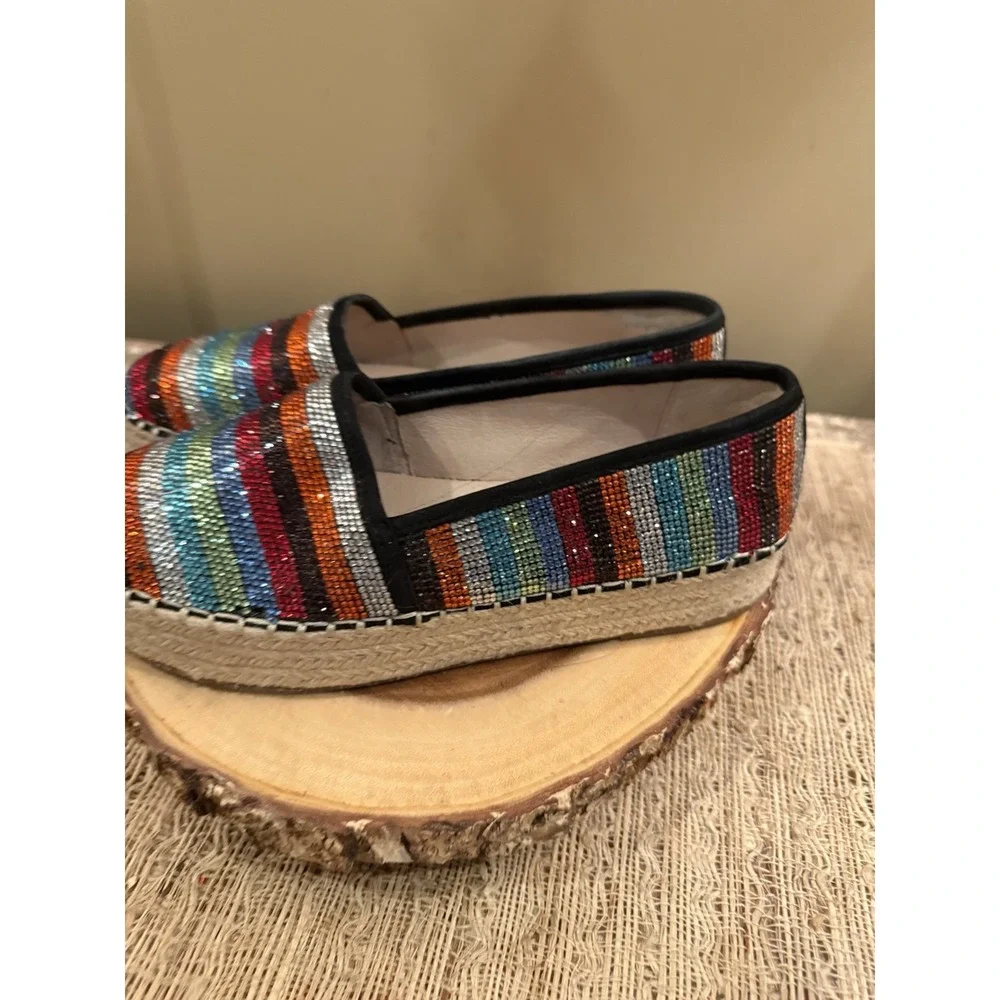 Gianni Bini Bruxie Platform Jeweled Multicolor Stripe Platform Espadrille Sz-8.5